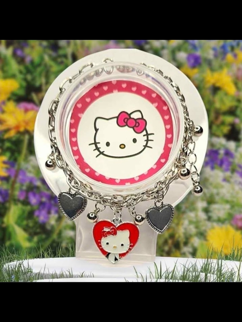 Hello Kitty Silver Chain Charm Bracelet with Red Accents
